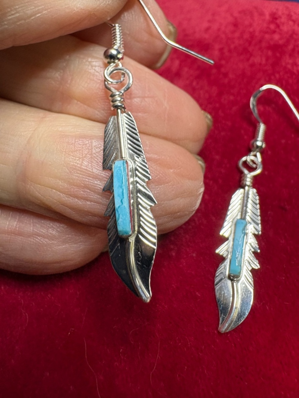 Earrings Handcrafted Native American Sterling Silver Feather Turquoise Dangle - Picture 7 of 9